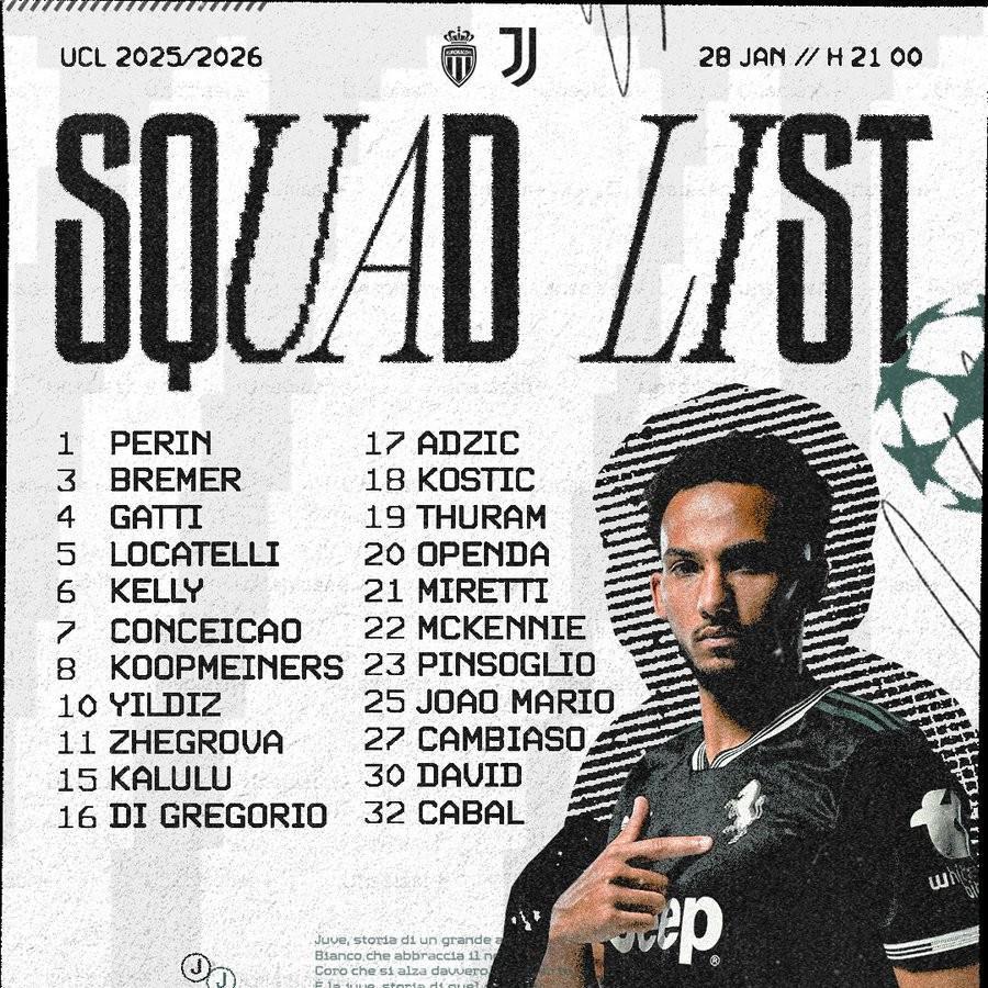 尤文欧冠末轮客战摩纳哥大名单：伊尔迪兹领衔，戴维在列