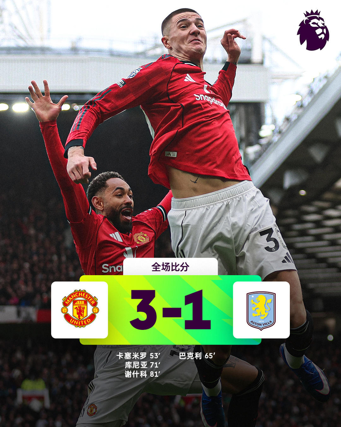 开云官网-热闻|谢什科5战4球，B费破27年神迹！曼联复仇维拉，稳守积分榜前三|卡塞米罗|库尼亚|英超联赛|萨迪奥-迪亚洛|阿斯顿维拉_新浪新闻